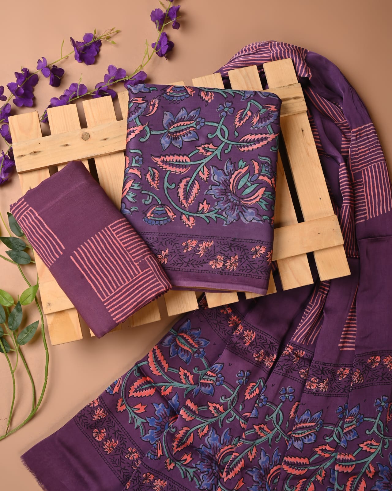 Majenta blue jaal cupro modal silk dress material wholesale, handblock printed silk suit set by Fabtexs